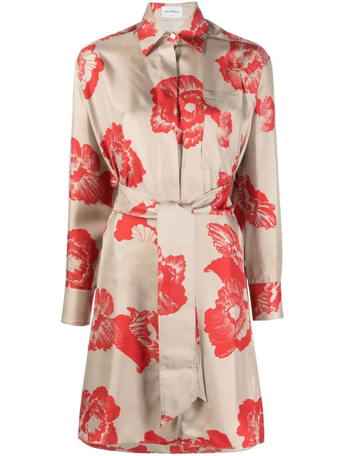 Ferragamo Floral Print Belted Shirt Dress